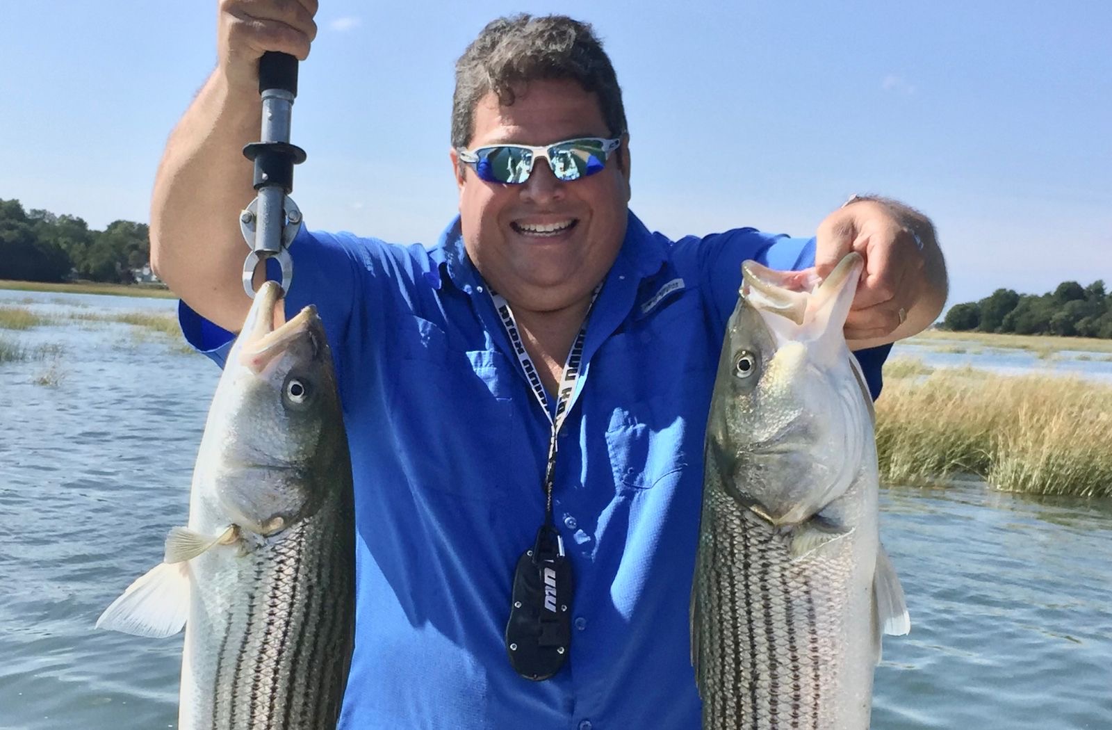 Fisherman with mirrored sunglasses and a blue Columbia fishing shirt holds two Striped Bass one by the lip and the other by the lip using a Boga grip fish grabber with a tidal river background