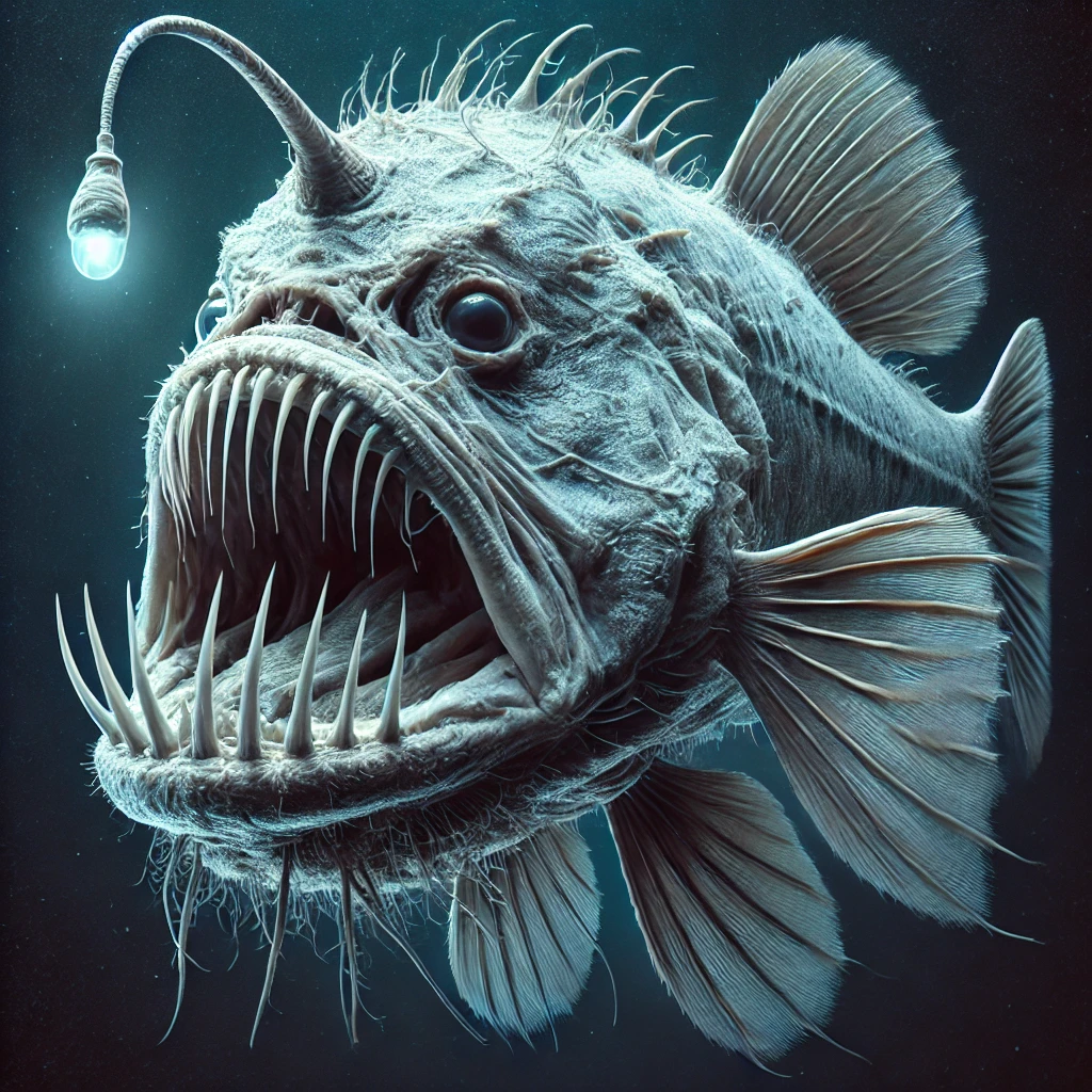 A deep-sea angler fish shown displaying its bioluminescence and monstrous mouth full of fanged sharp teeth