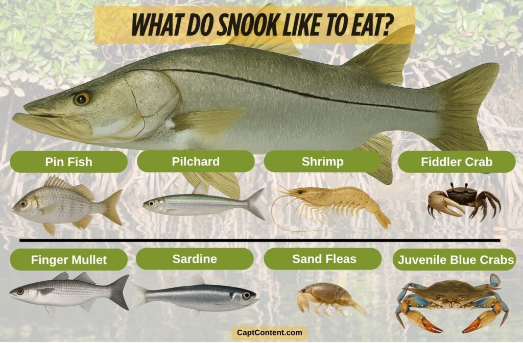 What Do Snook Like To Eat Infographic Pin Fish, Pilchard, Shrimp, Fiddler Crab, Finger Mullet, Sardine, Sand Flea, Juvenile Blue Crab