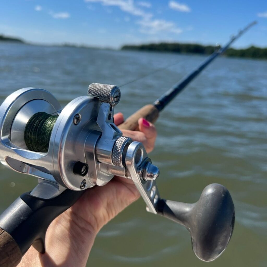 Close-up of a Avet fishing reel and rod while fishing the Long Island Sound